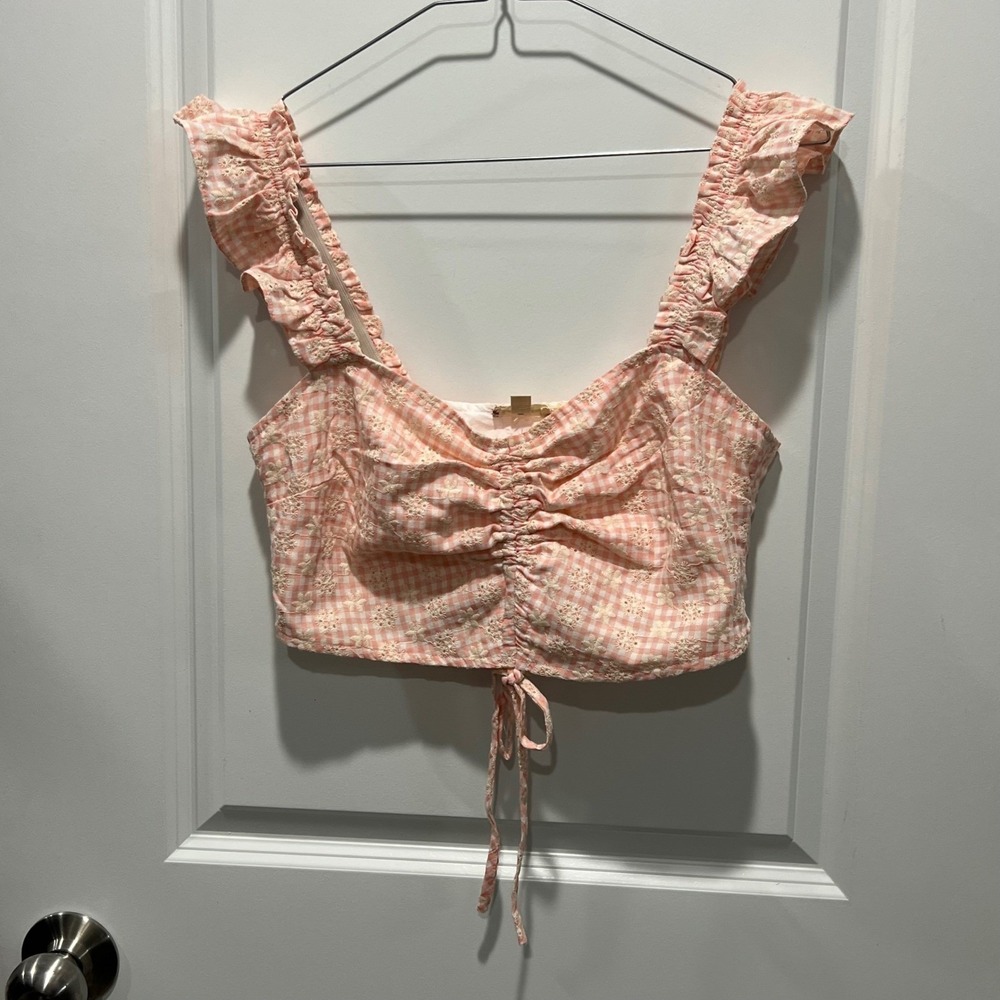 Hem & Thread Womens Crop Top Eyelet Gingham Pink S